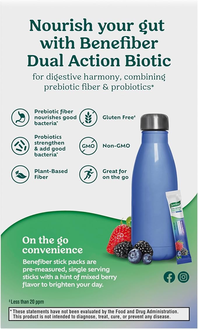 Benefiber Dual Action Biotic Plus Stress Relief, 18 Count Stick Packs