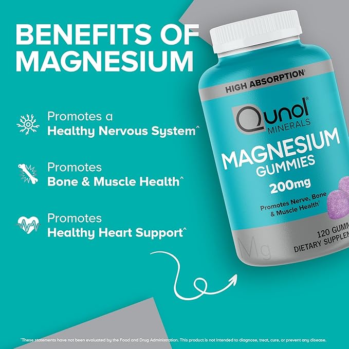 Qunol Magnesium Gummies for Adults, 200mg Elemental Mg (from 1,750mg Magnesium-Citrate),High Absorption Mg-Supplement,Supports Nerve,Bone & Muscle Health,Vegetarian,120 Count(Pack of 2)