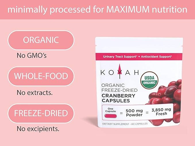 KOYAH - Organic Cranberry Capsules – Freeze-Dried Whole-Berry - 500 mg per Capsule - Urinary Tract Support & Antioxidant Support - 60 Capsules