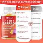 Saffron Gummies for Adult Kids, 10-IN-1 Saffron Supplements with Saffron Extract 88.5 mg, Vitamin D3, B6, B12, L-Theanine, St. John's Wort, Ashwagandha for Mood, Focus, Calm, Melatonin-Free, 60 Count