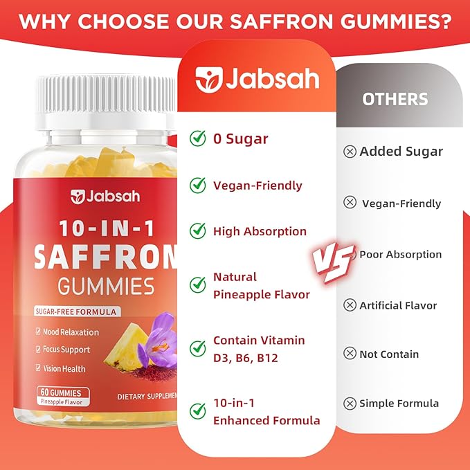 Saffron Gummies for Adult Kids, 10-IN-1 Saffron Supplements with Saffron Extract 88.5 mg, Vitamin D3, B6, B12, L-Theanine, St. John's Wort, Ashwagandha for Mood, Focus, Calm, Melatonin-Free, 120 Count