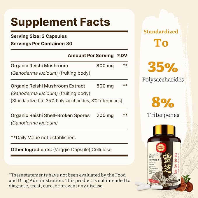 Japanese Reishi Mushroom Supplement 800mg with Reishi Mushroom Extract 500mg & Shell-Broken Spores 200mg,Organic Mushroom Capsules for Immune System - Real Fruiting Body (Pack of 2)