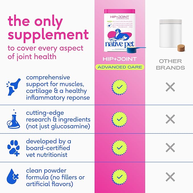 Native Pet Hip & Joint Advanced Care Dog Joint Supplement Powder for Mobility & Movement Support, Joint Supplement for Dogs with HMB, UC-II Collagen, Green Lipped Mussel & Hyaluronic Acid – 30 Scoops