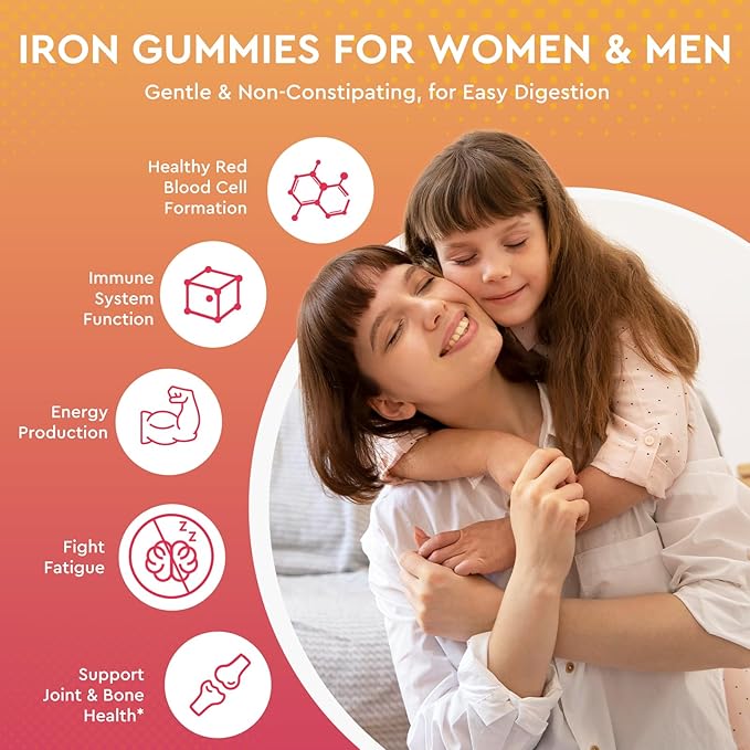 Iron Supplement Gummies for Adults & Kids - with Calcium, Zinc, Folate & Multivitamin - Blood Builder & Energy Support & Immune Health for Iron Deficiency, Anemia, Vegan -Peach & Mango Flavor,120ct