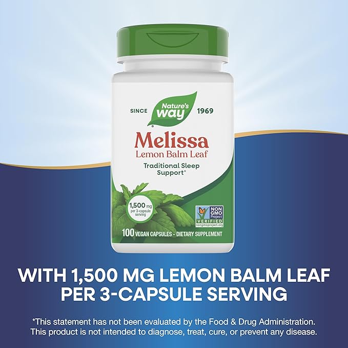 Nature's Way Melissa Lemon Balm Leaf, Traditional Sleep Support*, Melatonin Free, 1500 mg per 3-Capsule Serving, Non-GMO Project Verified, 100 Vegan Capsules (Packaging May Vary), (Pack of 2)