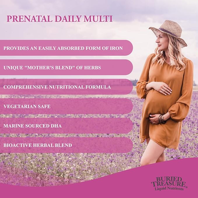 Buried Treasure Prenatal Plus DHA Complete, 16 oz Orange Banana Flavor, High Potency Liquid Formula Supplement for Before, During, Post Pregnancy, Natural DHA Omega3 Iron Vegetarian Safe w/Dose Cup
