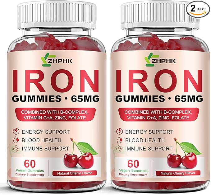 Iron Gummies Supplement for Women, Men & Kids, Iron 65mg with 250mg Vitamin C B6 B12 Folate Healthy Blood, Energy & Immune Support Gentle on Stomach Ferrous Fumarate, 120 Count