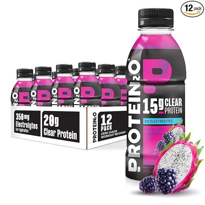 Protein2o Hydration Drink - 2-in-1 Liquid Clear Whey Protein Isolate and Electrolyte Drink - 15g Protein, Vitamins B5, B6 - Post-Workout Recovery - 16.9 Fl Oz - 12 Count Dragon fruit Blackberry
