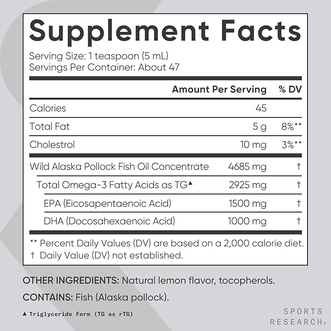 Sports Research® Omega-3 Fish Oil, 8oz Glass Bottle - 4685mg of Wild Caught Alaska Pollock Fish Oil per Serving - Easy-to-Take Liquid · Lemon Flavor · Non-GMO · MSC Certified Sustainable - 48 Servings