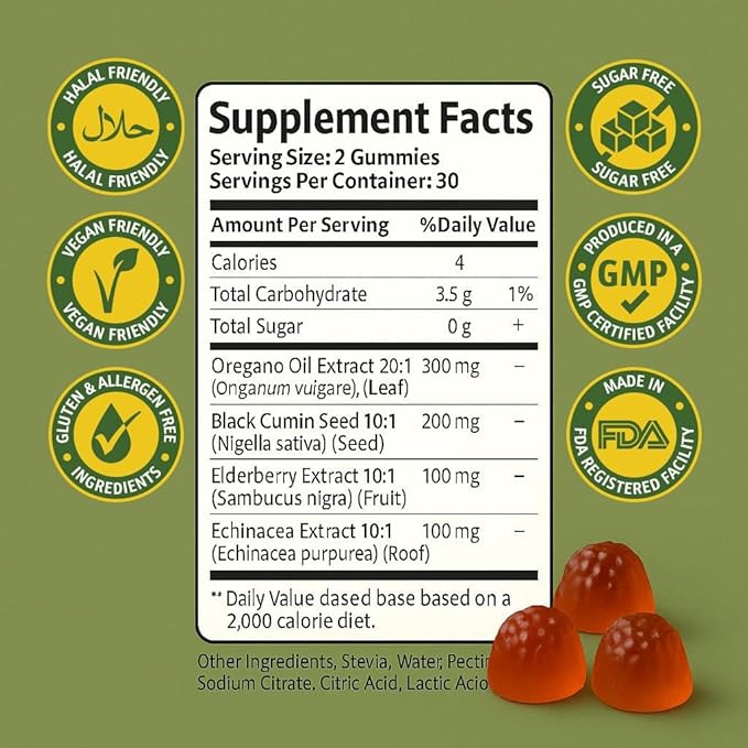 Sakoon nutrition Oil of Oregano Gummies – Immune Support with Oregano Oil 300mg, Black Cumin Seed, Elderberry, Echinacea – Antioxidants & Respiratory Health – Vegan, Non-GMO, Tasty Herbal Supplement