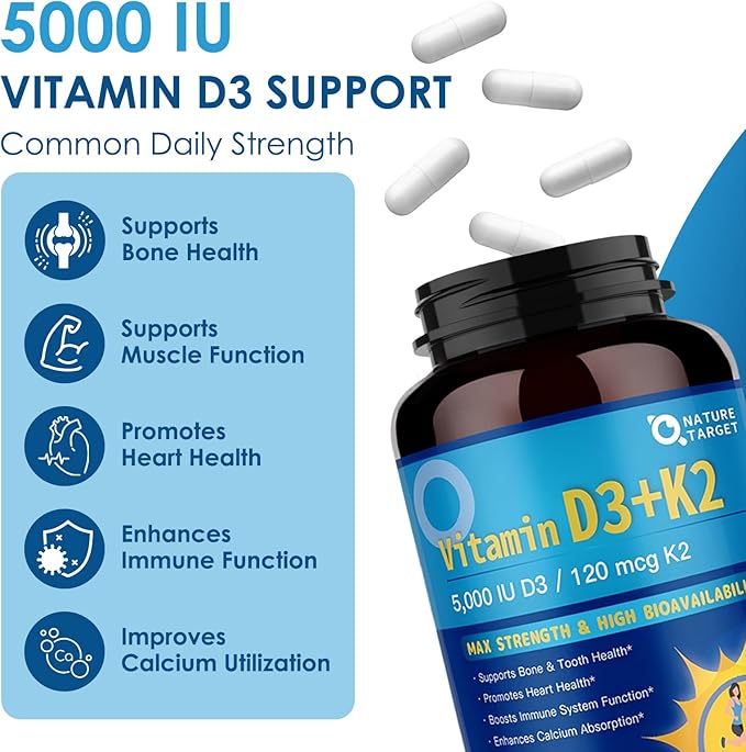 NATURE TARGET Vitamin D3 K2 with Calcium & Magnesium - 6-in-1 Complex - Max Strength for Bone, Heart & Immune - 5000 IU Vitamin D3, 120 mcg K2, Gluten-Free, 120 Servings