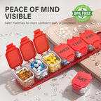 Extra Large Weekly Pill Organizer - Waterproof 7-Day Pill Box, Portable Vitamin & Supplement Case, Easy to Open Design, Ideal for Travel a nd Daily Medication Management (Red)
