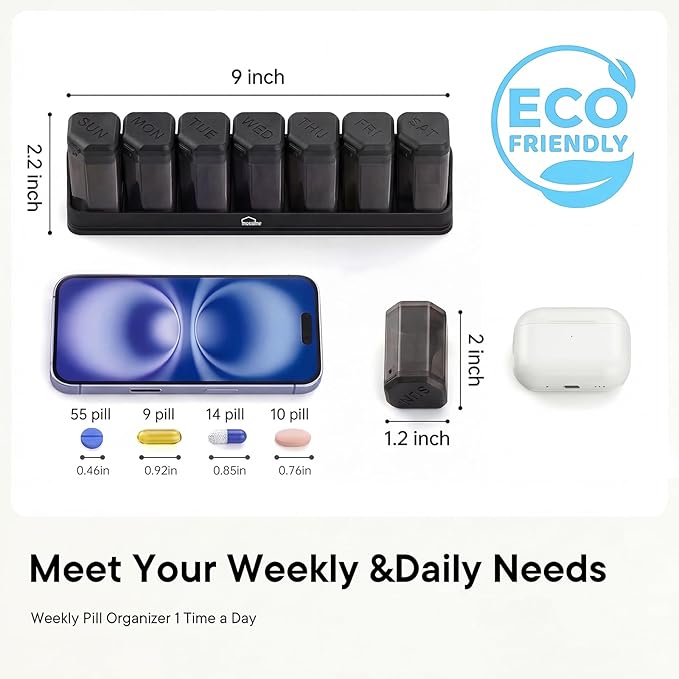Large Weekly Pill Organizer 1 Time a Day, BPA-Free Pill Dispenser, 7 Day Pill Box with Silicone Lids & Coded Compartments, Spill Proof Travel Case for Vitamins, Seniors & Daily Medication, Black