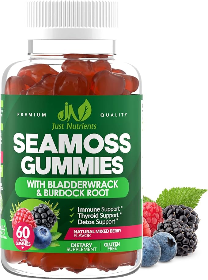 Sea Moss Gummies with Bladderwrack and Burdock Root - Natural Irish Sea Moss Superfood for Immune, Thyroid and Detox Support - Extra Strength for Men & Women - Gluten-Free, Vegan - 60 Gummies