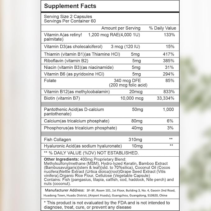 Biotin | Collagen | Hyaluronic Acid Supplement, Clinically Proven Hair Growth Support, Skin and Nails, 25000 mcg Vitamins B2, B3, B6 & B7 + B1 & Keratin Women & Men （120 Capsules）