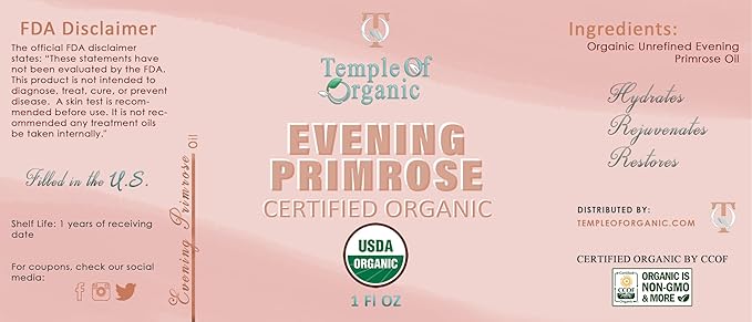 Organic EVENING PRIMROSE OIL 1 oz Pure Unrefined Cold Pressed Hair Regrowth Body Skin Nails