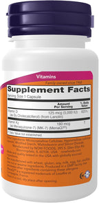 NOW Foods Supplements, Mega D-3 & MK-7 with Vitamins D-3 & K-2, 5,000 IU/180 mcg, Bone & Cardiovascular Support*, 60 Veg Capsules