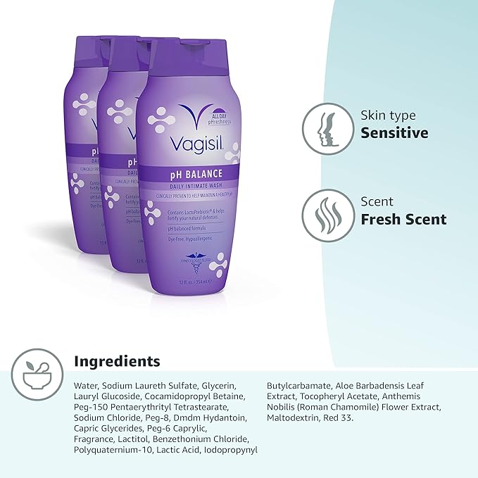 Vagisil Feminine Wash for Intimate Area Hygiene, pH Balance, Gynecologist Tested, Hypoallergenic, 12 oz, (Pack of 3)