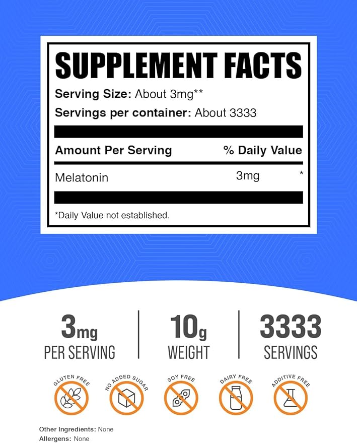 BulkSupplements.com Melatonin Powder - Pure Melatonin, Sleep Aid for Adults - Vegan & Gluten Free, 3mg per Serving, 10g (0.35 oz) (Pack of 1)
