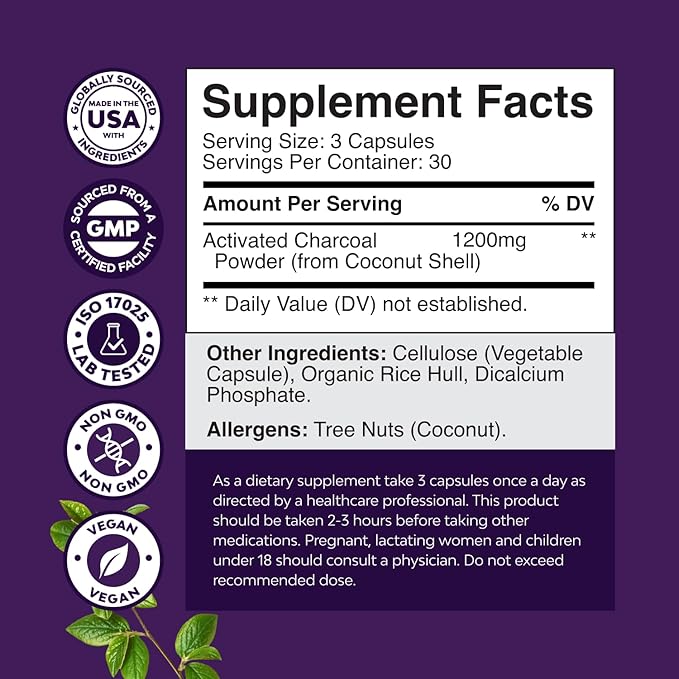 Natures Craft Activated Charcoal Pills Detox & Cleanse - Purifying Coconut Capsules with 1200 mg Per Serving for Bloating Relief - Active Detox Supplement for Body & Gut Health - 90 Count
