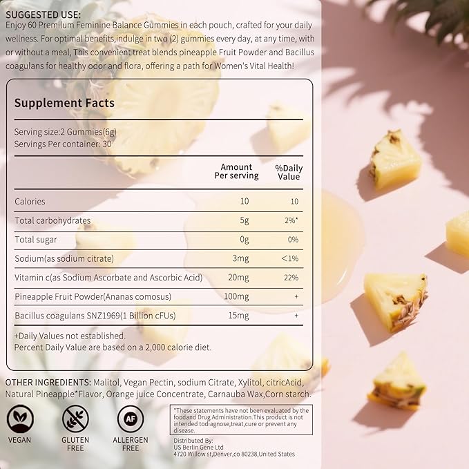 Feminine Balance Gummies for Women – Daily pH & Probiotic Support with Pineapple & Vitamin C, Supports Flora & Immune Health, Vegan & Gluten-Free, 60 Gummies (30-Day Supply)
