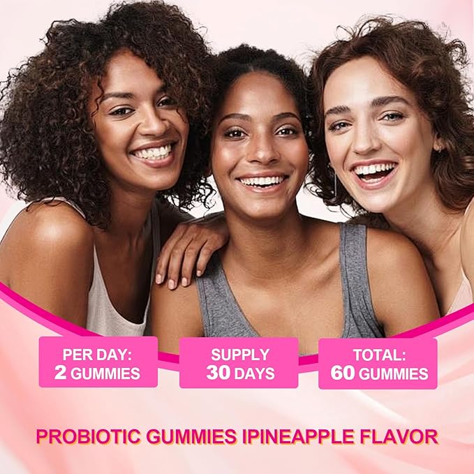 Feminine Probiotics Gummies, Slippery Elm for Women, Vaginal Health Supplement for pH Balance, Odor Control, Yeast Balance, Flora Immune Support, Suagr-Free, Veagn, Pineapple Flavor, 60 Count