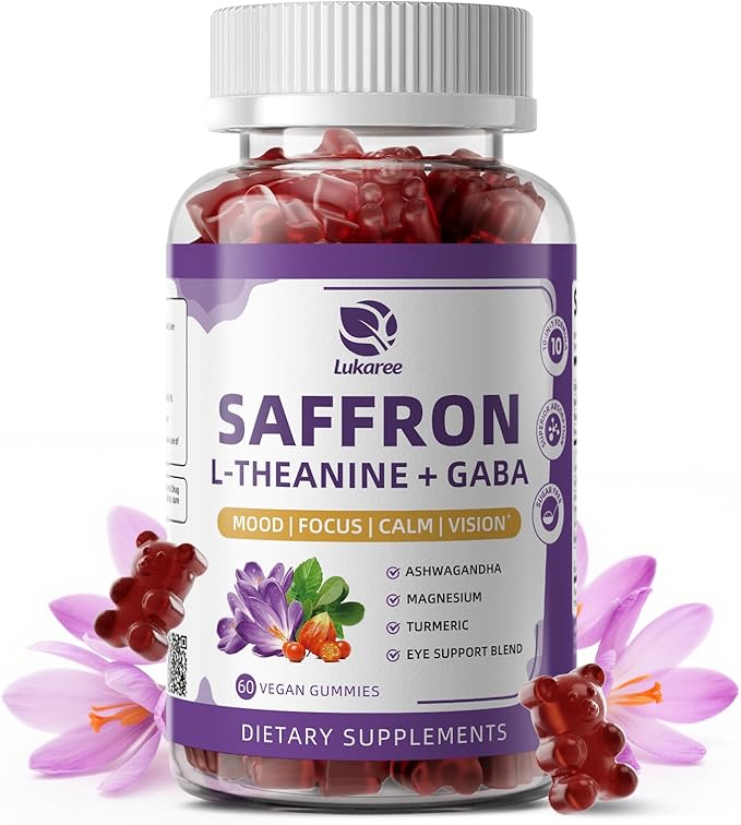 Lukaree 10-in-1 Saffron Gummies Supplements for Mood, Focus & Eye Support with L-Theanine 200mg, GABA, Ashwagandha, Lutein, Zeaxanthin & Astaxanthin, Sugar Free, Vegan, Berry Flavor, 60 Count