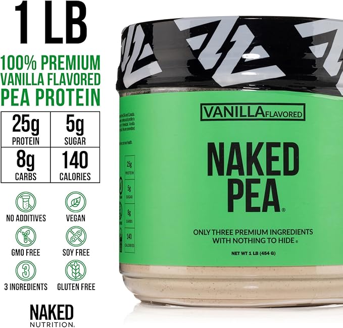 NAKED Vanilla Pea Protein Isolate from North American Farms, Only 3 Ingredients, Vanilla Vegan Protein, Gluten-Free, Soy Free, GMO Free - 1LB (Pack of 2)