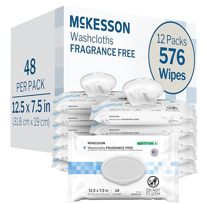 McKesson Washcloth Wipes, Unscented - Disposable Wet Wipes for Adults - Fragrance-Free, Paraben-Free - No-Rinse Formula, 48 Count, 12 Packs, 576 Total