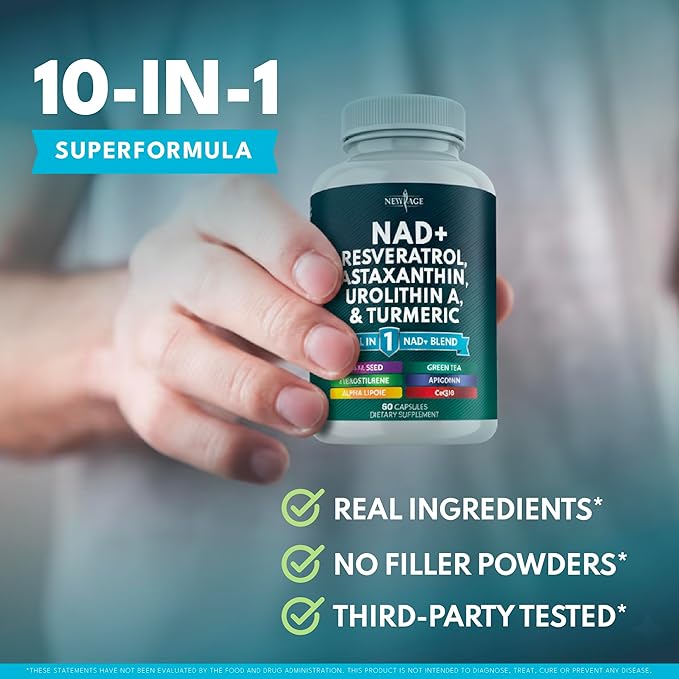 NEW AGE NAD+ Supplement - Astaxanthin, Urolithin A, Resveratrol, CoQ10 & Antioxidant Blend – Cellular Energy, Mitochondrial Support – Vegan, Non-GMO- 180 Count