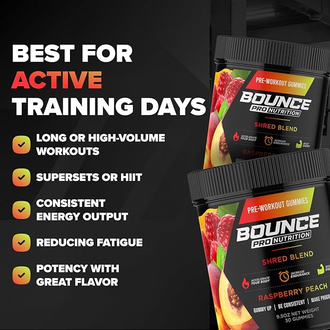 Bounce Pro Shred Blend Pre Workout Gummies – Raspberry Peach – 50 Vegan Gummies with Caffeine, Ashwagandha & L-Theanine for Energy, Focus & Endurance (50 Count (Pack of 1), Raspberry Peach)