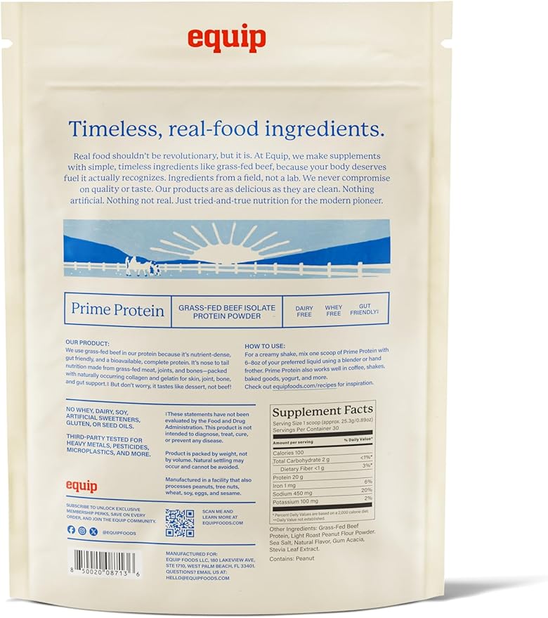 Equip Foods Prime Protein Powder | Clean, Grass Fed Beef Protein Powder for Women & Men | Carnivore Protein Isolate | Paleo, Keto Friendly | Gluten & Dairy Free | 30 Servings, Peanut Butter