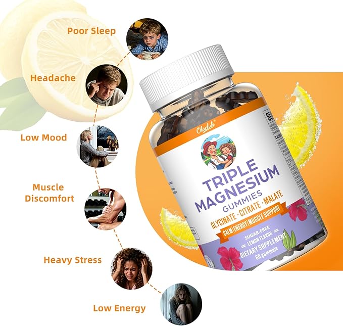 Magnesium Glycinate Gummies 200mg, Triple Magnesium Citrate Sleep Gummies for Adults & Kids, Sugar Free, Supplement for Stress Relief, Lemon Flavor, 60 Count