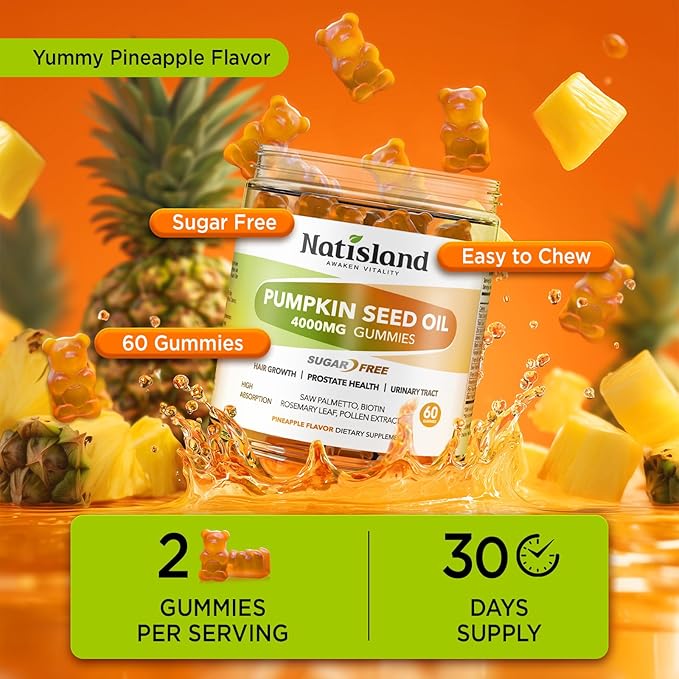 Pumpkin Seed Oil Gummies with Saw Palmetto, Cold Pressed Pumpkin Seed Oil Supplement for Hair Growth, Prostate Health & Urinary Tract Support, Sugar Free, Vegan Pineapple Flavor, 60 Count