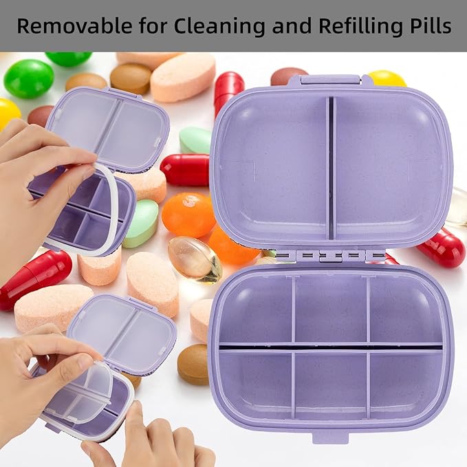 Bling Travel Pill Organizer Cute Pill Box with Labels Rhinestone Pill Case for Purse Portable Daily Pill Container 7 Day Medicine Holder for Vitamin Supplement(Purple)