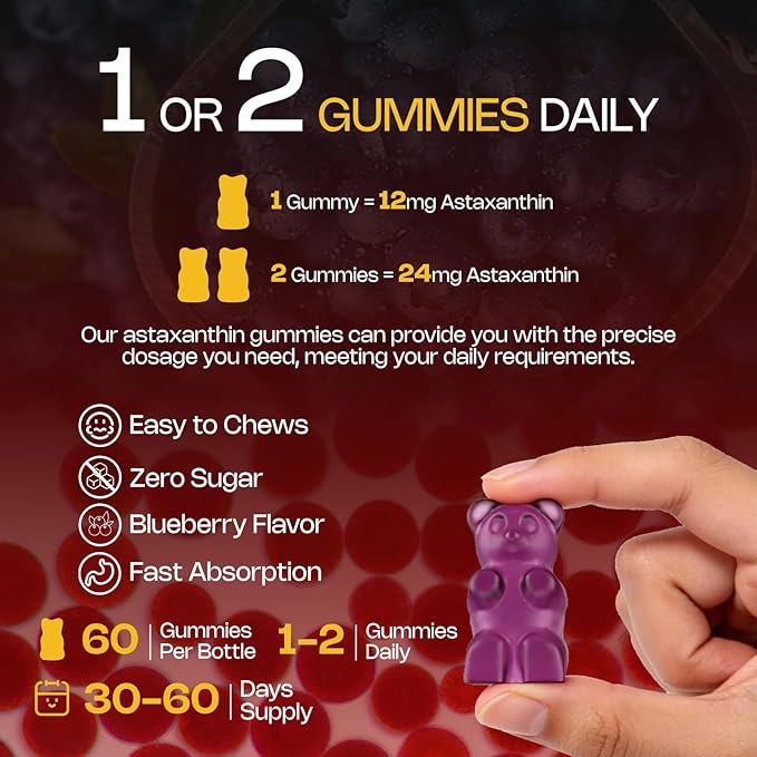 Astaxanthin Gummies, 12mg Per Gummy 24mg Max, Astaxanthin Supplements with Vitamin A/C/D/E, Resveratrol, 14-IN-1 Antioxidants Blend for Women Men, Skin, Eyes, Immune Support, Sugar Free, Vegan, 60 Ct