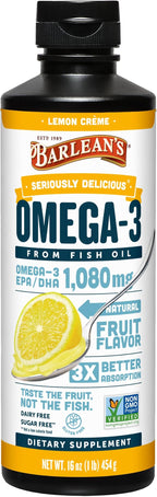 Barlean's Omega 3 Fish Oil Liquid Supplement for Men and Women, 1080mg of EPA and DHA Fatty Acid, Promotes Brain & Heart Health - Non-GMO, Lemon Crème, 16 oz