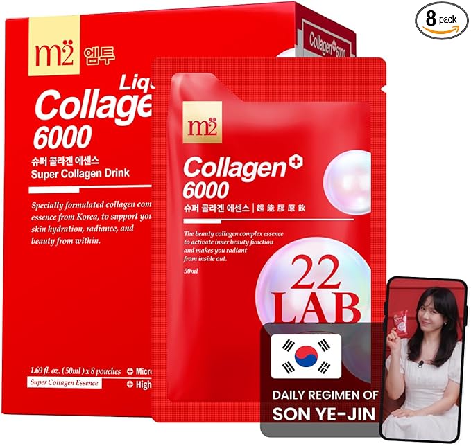 m2 Super Collagen Drink Liquid, Super Concentrate 6000mg Dual Peptide Collagen, Secrets of Korean Celebs, 68% More Collagen After 24 Hours, Drink from Pouch, No Added Sugar (8pk)