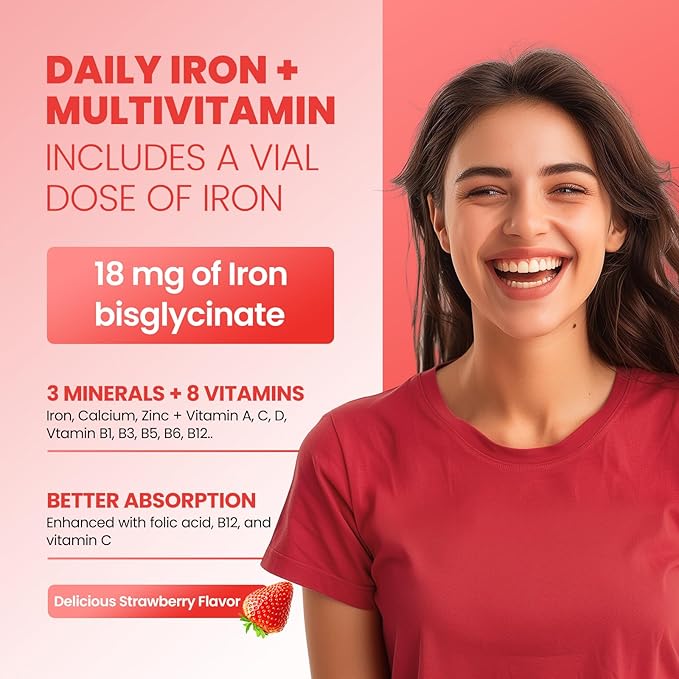 Iron Gummies for Women & Kids - Iron Supplement Gummies with Multivitamin for Blood Builder, Energy, Iron Deficiency & Anemia - Sugar Free Vegan Strawberry 60 ct