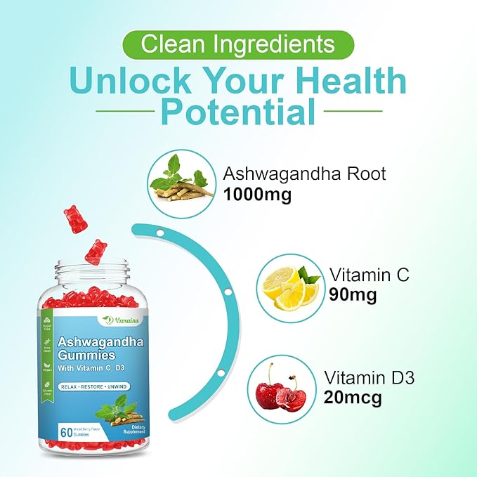 2 Pack Ashwagandha Gummies with Vitamin D for Women & Men, Sugar Free Vegan 1000MG Ashwagandha Supplement Gummy & Vitamin C, 120 Count