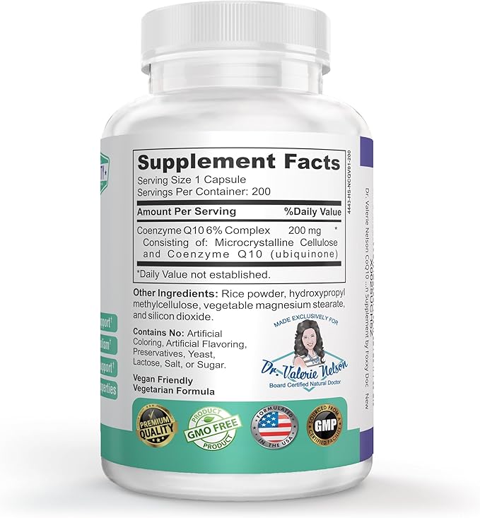 CoQ10 - Co-Enzyme Q10-200 mg - Excellent Value - 200 Caps - Quick Absorption - Veg. Caps - Non-GMO - Ubiquinone - Heart & Cellular Energy & Brain Supplement by Foxxy Doc