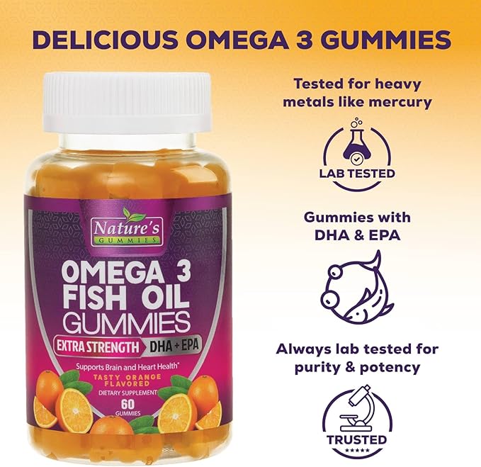 Omega 3 Fish Oil Gummies, Heart Healthy Omega 3 Gummy Supplement with High Absorption DHA & EPA, Extra Strength Joint & Brain Support, Delicious Orange Flavor Fish Oil Nature's Vitamin - 60 Gummies