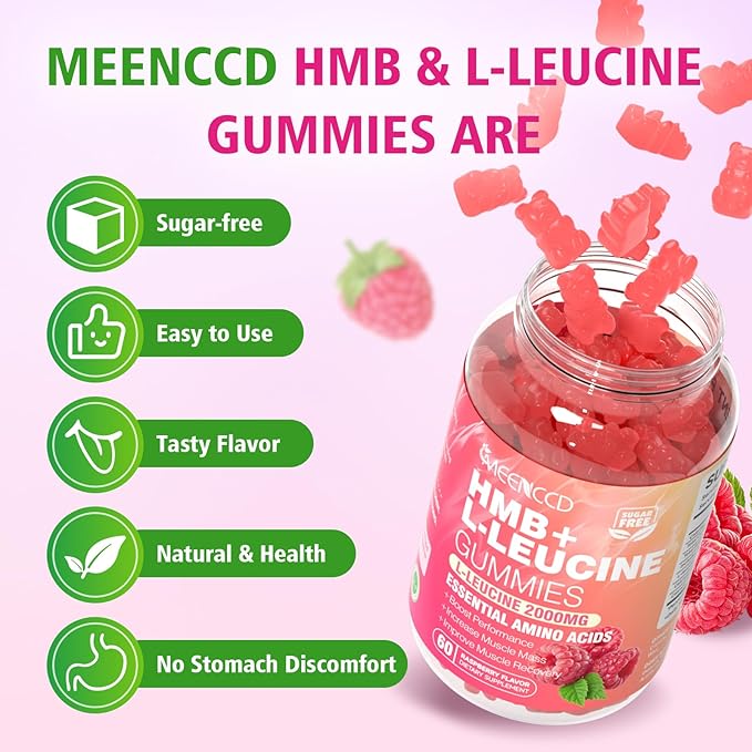 MEENCCD 2 Pack HMB and L-Leucine Gummies, HMB and Leucine Amino Acid for Muscle Growth, Muscle Maintenance, and Muscle Function, for Men & Women, Sugar-Free, Raspberry Flavor, 120 Count