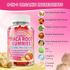 Maca Root Gummies for Women & Men, Organic Maca Root Supplement with Ashwagandha for Energy & Strength Support, Sugar-Free/Vegan/Non-GMO, Strawberry Flavor 60 Count