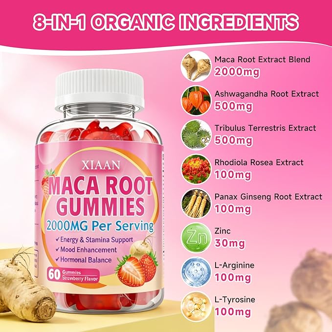 Maca Root Gummies for Women & Men, Organic Maca Root Supplement with Ashwagandha for Energy & Strength Support, Sugar-Free/Vegan/Non-GMO, Strawberry Flavor 120 Count