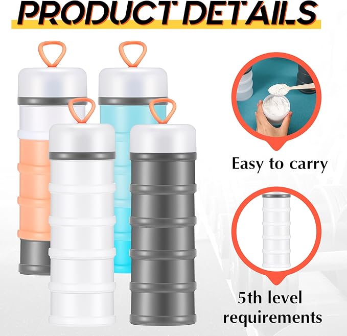 Baderke 4 Pcs Protein Powder Container 5 Layers Stackable Leakproof Container Powder Dispenser with Funnels Stand Keychain Flour Canister for Workout Fitness(Black, White, Blue, Pink)