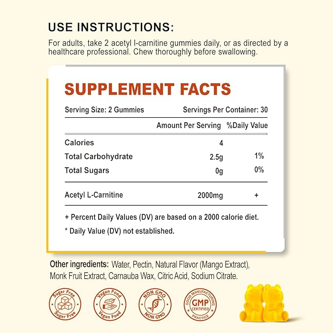 Acetyl L-Carnitine Gummies, L-Carnitine Supplement for Women & Men, Nutrition Supplement for Boost Energy, Immunity & Brain Health, Vegan, Non-GMO, Mango Flavor, 60 Count