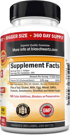 Vitamin D3 5000 IU (125 mcg) Natural Immune Support Supplement, Bone Strength, Healthy Muscle Function, with Olive Oil for Highest Absorption, Gluten Free & Non-GMO, 1 Year Supply, 360 Softgels
