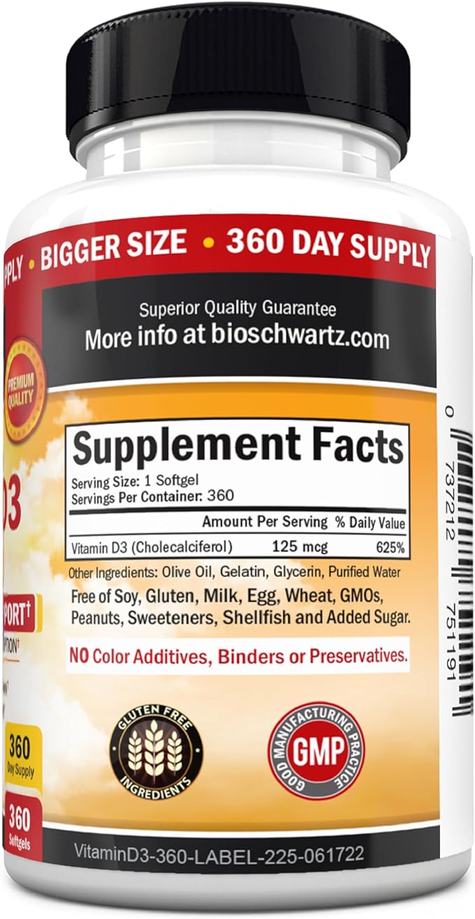 Vitamin D3 5000 IU (125 mcg) Natural Immune Support Supplement, Bone Strength, Healthy Muscle Function, with Olive Oil for Highest Absorption, Gluten Free & Non-GMO, 1 Year Supply, 360 Softgels