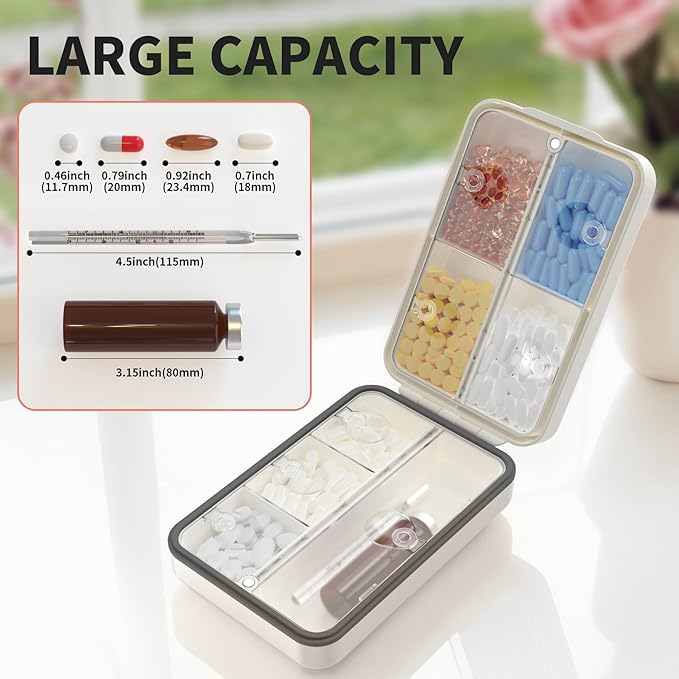 Restree Weekly Pill Organizer 8 Compartment, [Triple Seal Magnetic Lock] Travel Pill Case with Labels & Inner Lid, Moisture Proof for Vitamins, Fish Oil, Supplements, Daily Meds – 7+1 Large (White)